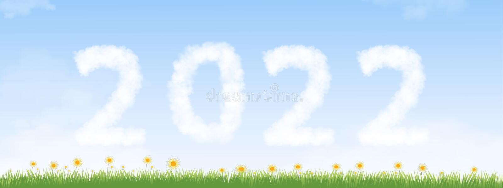 happy new year banner fluffy clouds blue sky green grass landscape vector calendar typography text font spring fild daisy 206408250